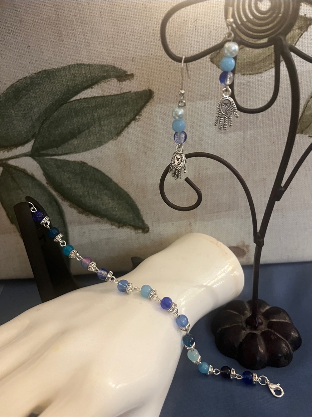 Handmade Blue Beaded Hamsa Adjustable Bracelet and Earrings Set (11) beautiful